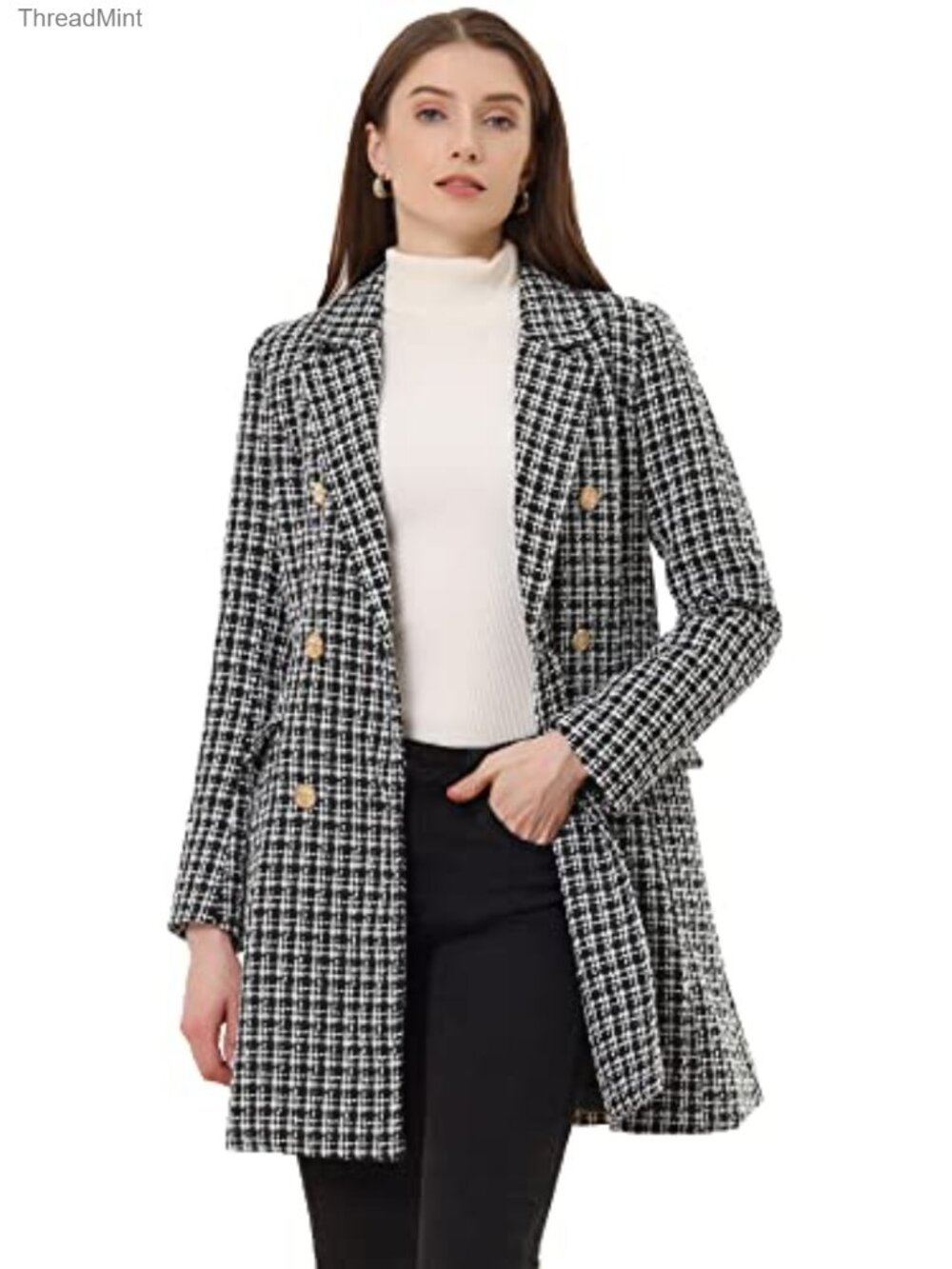 Wool-Blend Double Breasted Tweed Plaid Blazer Jacket